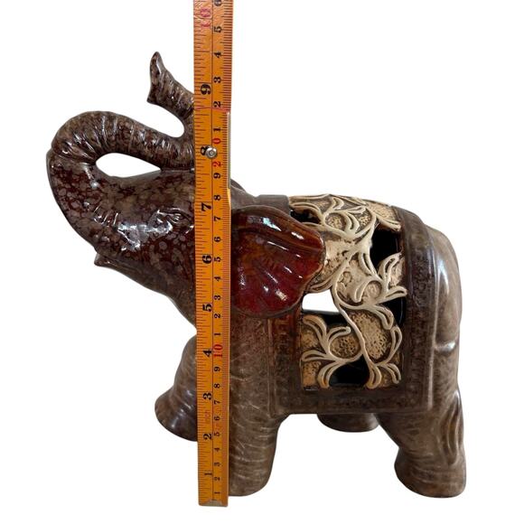 Vintage Ceramic Elephant Figurine Brown Red Glazed Filigree Cutout 7” Trunk Up - Picture 9 of 12